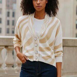 WISPR Tan White Abstract Stripe Silk Sweater Knit Cardigan Preppy Size Medium